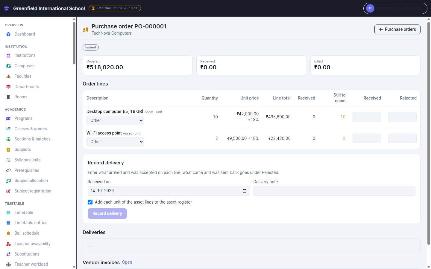 InventiPro EMS purchase order with ordered, received and billed values and delivery recording