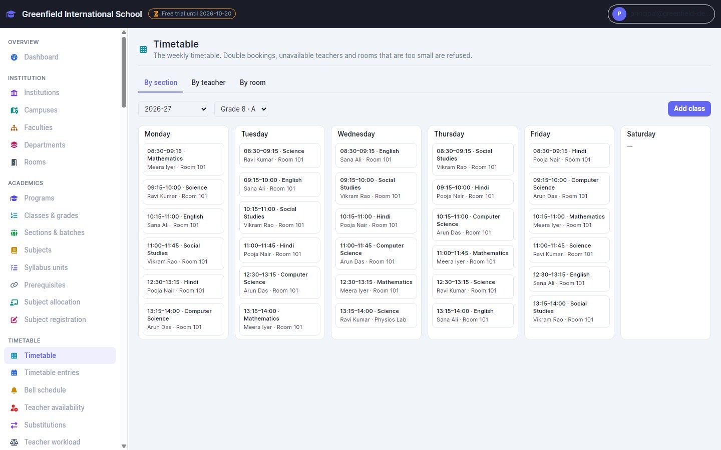 InventiPro EMS weekly timetable for Grade 8 A with subjects, teachers and rooms