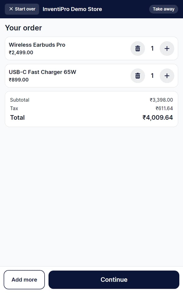 Self-Order Kiosk cart listing the items, subtotal, tax and total