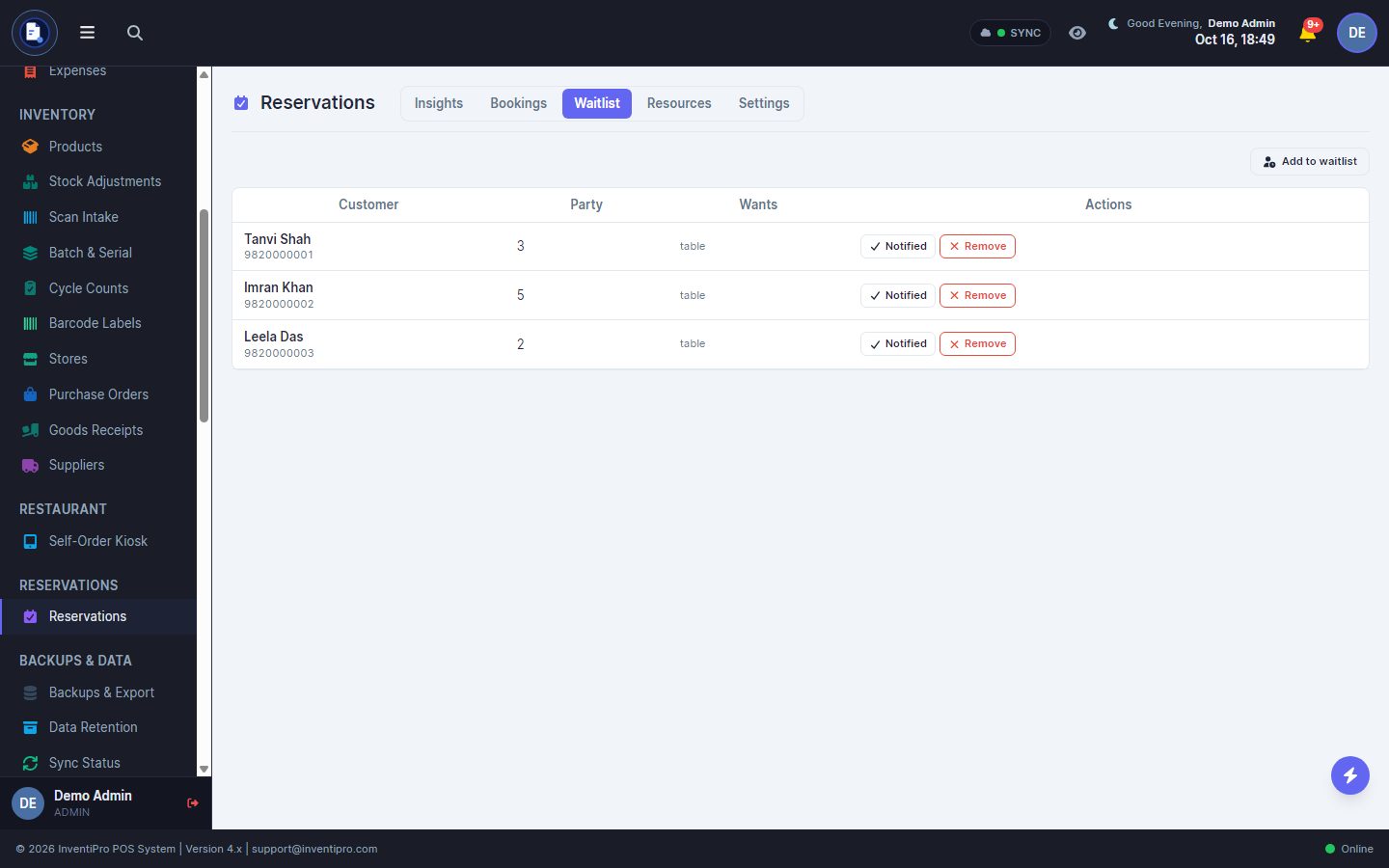 InventiPro Reservations waitlist with guests, party sizes and Notified and Remove buttons